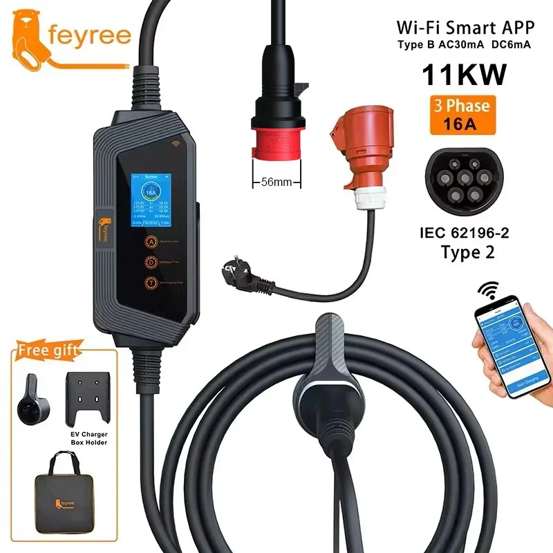 Type 2 Portable Ev Charger 11Kw Cee - feyree 11KW 16A 3相 タイプ2 ポータブルEV充電器