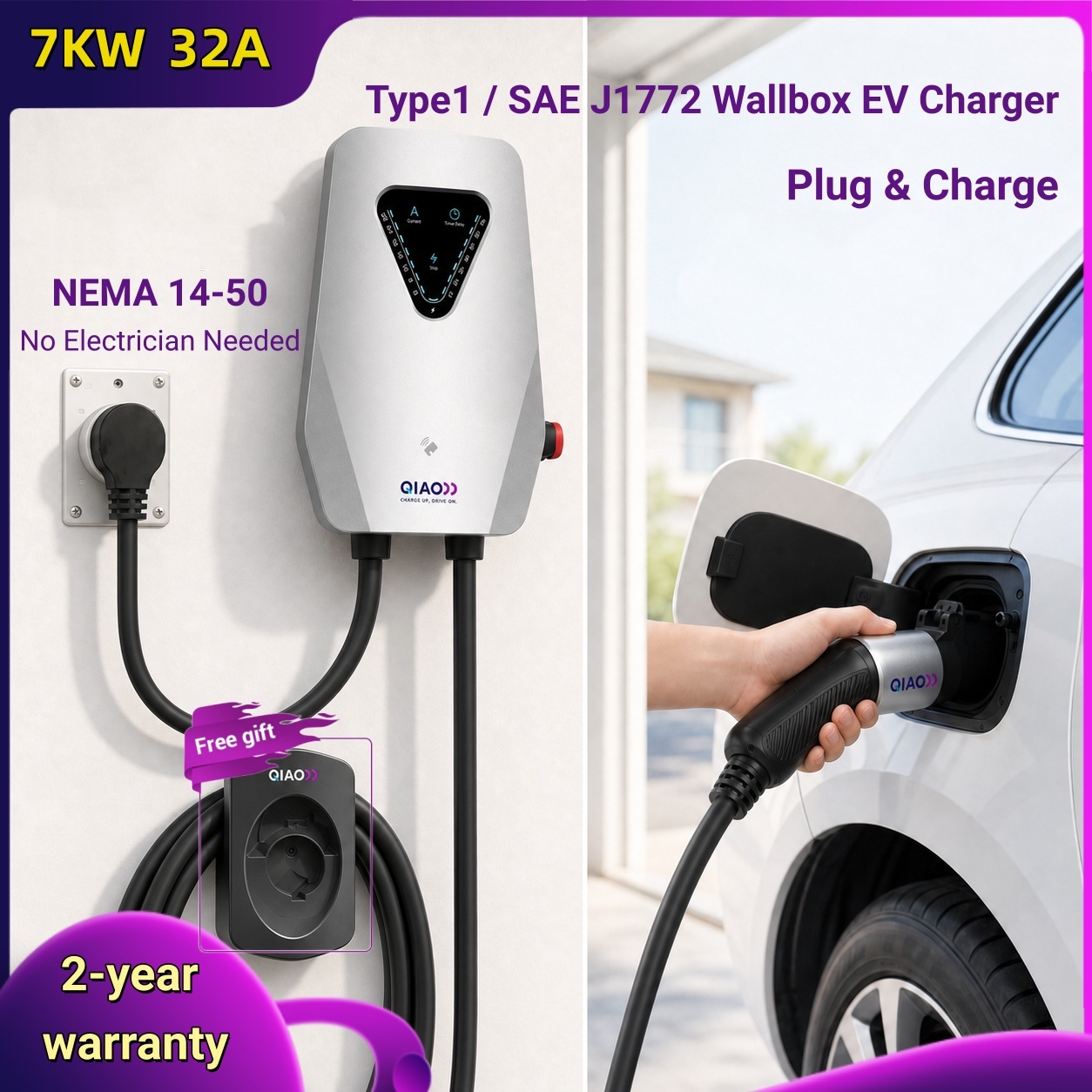 J1772 Evse 32A Level 2 Charger - 7KW 32A タイプ1 SAE J1772 ウォールボックスEV充電器