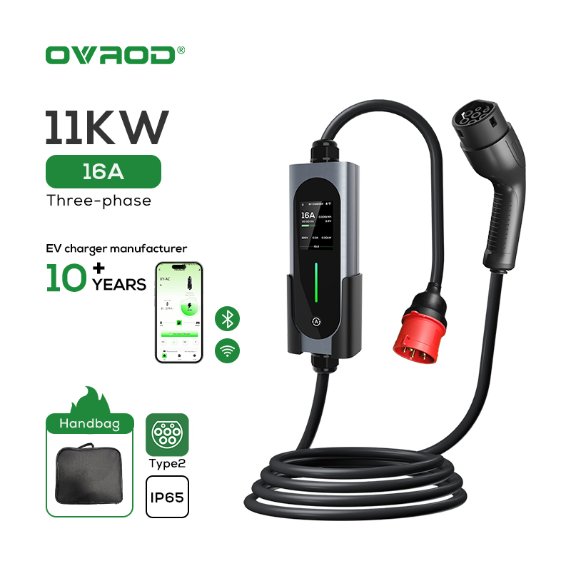 Type 2 Portable Ev Charger 11Kw Cee - オヴロッドEVカーチャージャー16A 11kWポータブルタイプ2 - レッドCEEヨーロッパ規格EVSE 3相11kWポータブルEV充電器