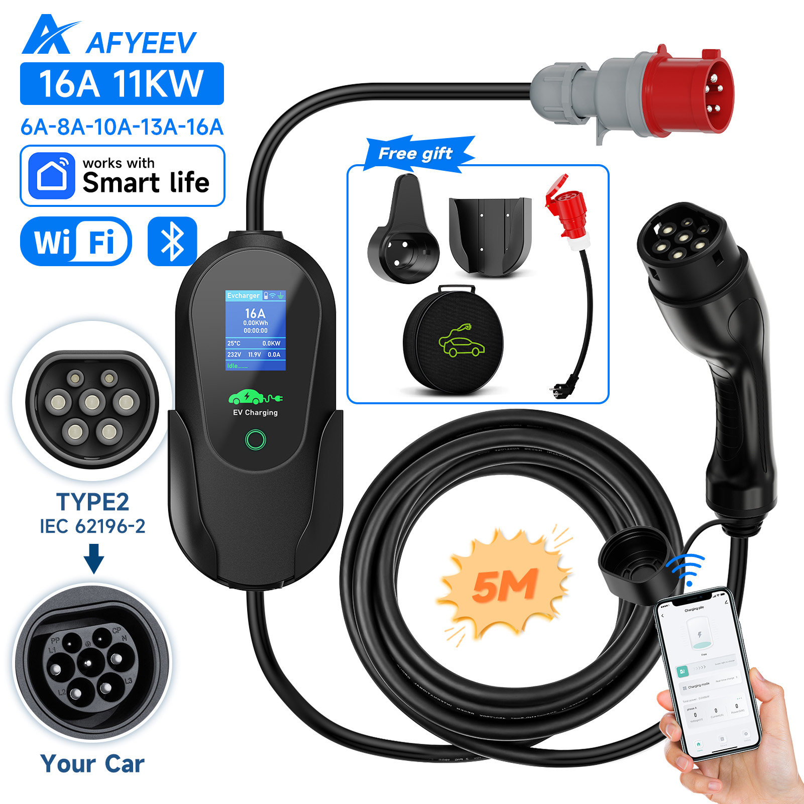 Type 2 Portable Ev Charger 11Kw Cee - Afyeev-ポータブル電気自動車充電器,Wi-Fi付きEV充電器,アプリケーション,Bluetoothバージョン,リモコン,CEEプラグ,3相,タイプ2,11 kW,16A