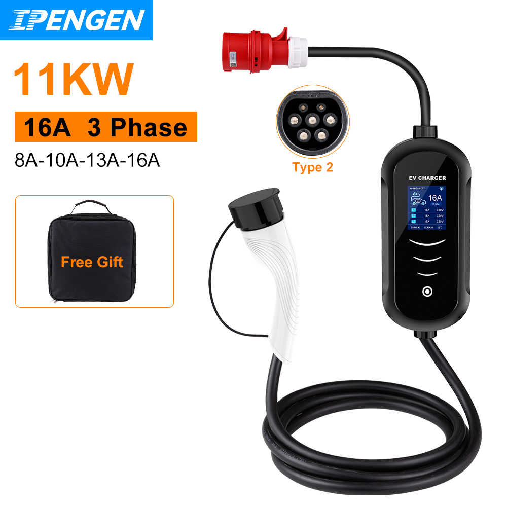 Type 2 Portable Ev Charger 11Kw Cee - Ipengen-ポータブル電気自動車充電器,充電ボックス,CEEプラグ,電気自動車,11kw,16a,3相,タイプ2,evse,IEC62196-2